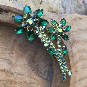 Flower Pin Brooch Emerald Green & Vitrail Rhinestone Vintage Juliana